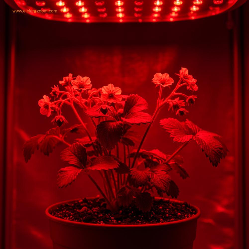 Yoğun kırmızı spektrumlu LED ışığı altında parlayan, çiçeklenmiş ve meyve geliştiren küçük bir çilek bitkisi.