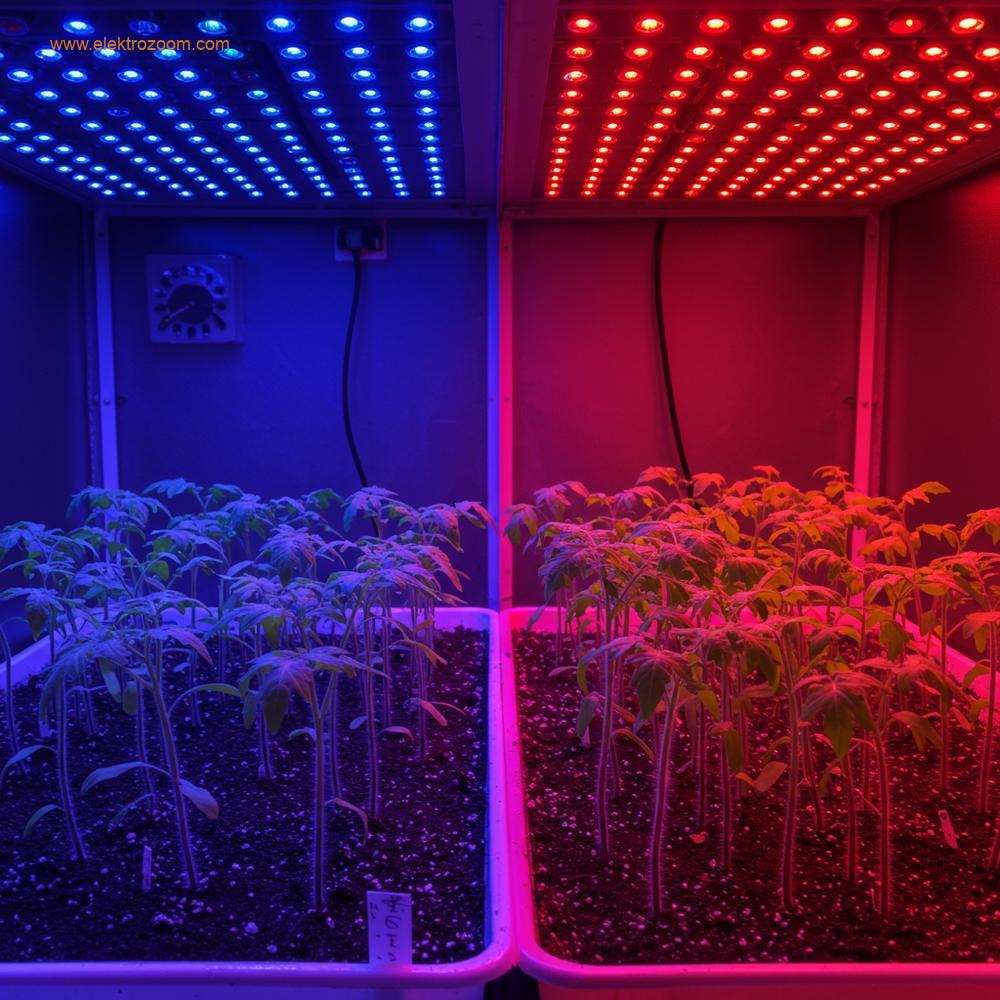 Kontrollü bir büyüme odasında farklı LED ışık koşulları altında tutulan özdeş genç domates fidelerinin karşılaştırmalı fotoğrafı. Sol tarafta mavi ışık altında kısa ve kompakt büyümüş fideler, sağ tarafta ise kırmızı ışık altında daha uzun boylu görünen fideler yer alıyor.