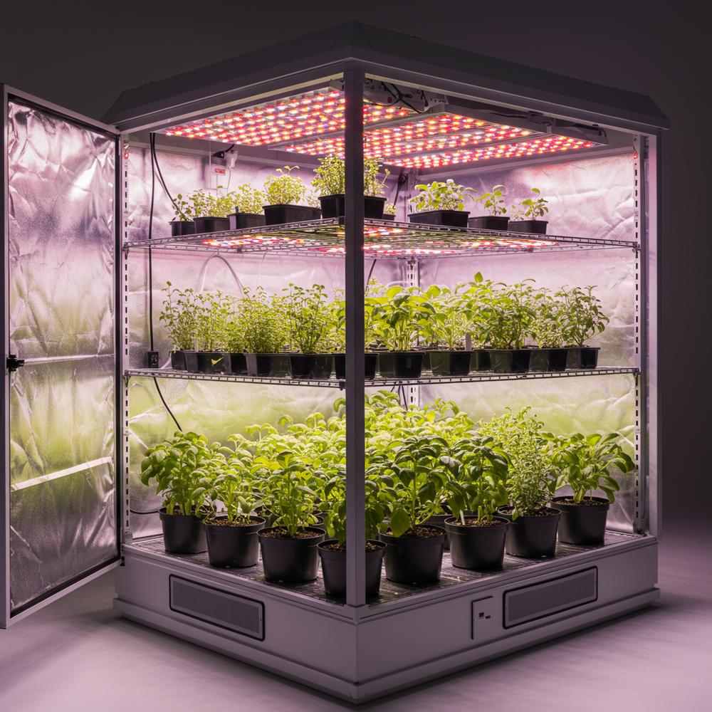 Küçük, yansıtıcı bir yetiştirme çadırının içini gösteren geniş bir çekim. İçeride, raflar sağlıklı ve çeşitli saksı bitkileriyle dolu olup, üstten panel LED'ler tarafından tekdüze bir şekilde aydınlatılıyor.