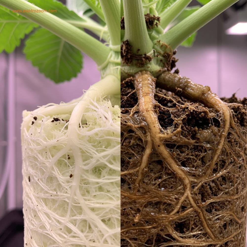 Hidroponik düzende sağlıklı ve hastalıklı kökler arasındaki kontrastı gösteren yan yana bir karşılaştırma fotoğrafı. Bir tarafta parlak beyaz kökler; diğer tarafta, Pythium kök çürüklüğünü gösteren belirgin şekilde kahverengi, sümüksü ve hafifçe çürümüş kökler. Ayırma çizgisi belirgin olmalı ancak görüntü profesyonel ve eğitici kalmalıdır. Büyüme ışıkları gibi arka plan öğelerine yumuşak odak.