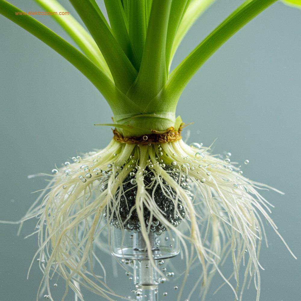 Derin su kültüründe (DWC) hava taşından yükselen ince oksijen kabarcıkları köklerin etrafını sararken görülüyor.