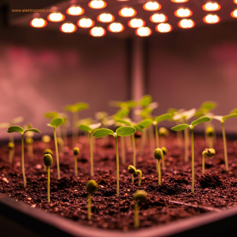 Yeni köklenmiş fideciklerin ve genç sürgünlerin, özel bir LED bitki ışığı altında yetiştirme tepsisinde yakın çekimi. LED ışığın yaydığı yumuşak ve eşit bir parlaklık, taze büyümeyi vurguluyor.