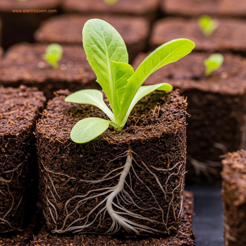 Hidroponik sisteme transfer edilmeye hazır, kaya yünü içinde sağlıklı, beyaz kökleri görünen küçük bir marul fidesinin yüksek açılı fotoğrafı.