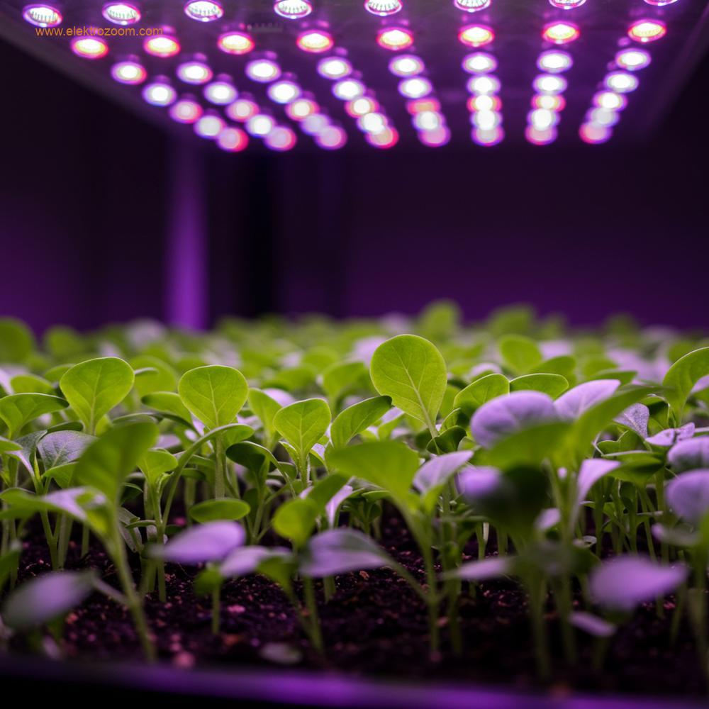 Canlı yeşil fidelerin modern, tam spektrumlu LED yetiştirme ışığı altında yakın çekimi. Işık, küçük yaprakların üzerinde parlak, hafif morumsu beyaz bir parıltı yayıyor.