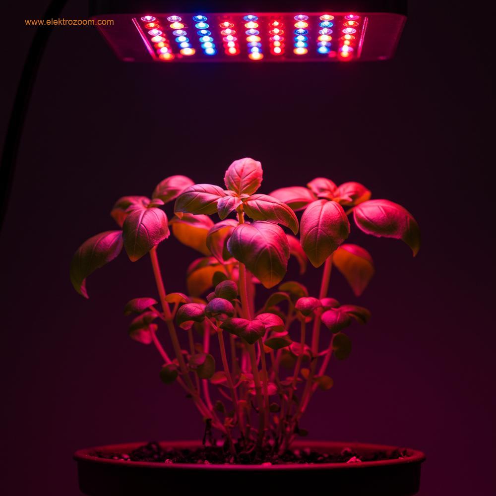 Fosforlama için kritik olan mavi ve kırmızı dalga boylarını hafifçe vurgulayan dengeli bir parıltı yayan tam spektrumlu bir LED yetiştirme ışığının küçük bir saksı otu bitkisini (fesleğen veya biberiye gibi) aydınlattığını gösteren ayrıntılı, makro bir fotoğraf. Sığ alan derinliği, gerçekçi işleme.