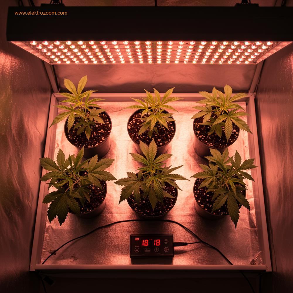 Temiz bir hidroponik düzeneğin veya yüksek yoğunluklu LED ışık dizisi altındaki küçük saksıların kuşbakışı görünümü. Dijital bir zamanlayıcı açıkça görülüyor ve 18 saat açık, 6 saat kapalı döngüyü gösteriyor.