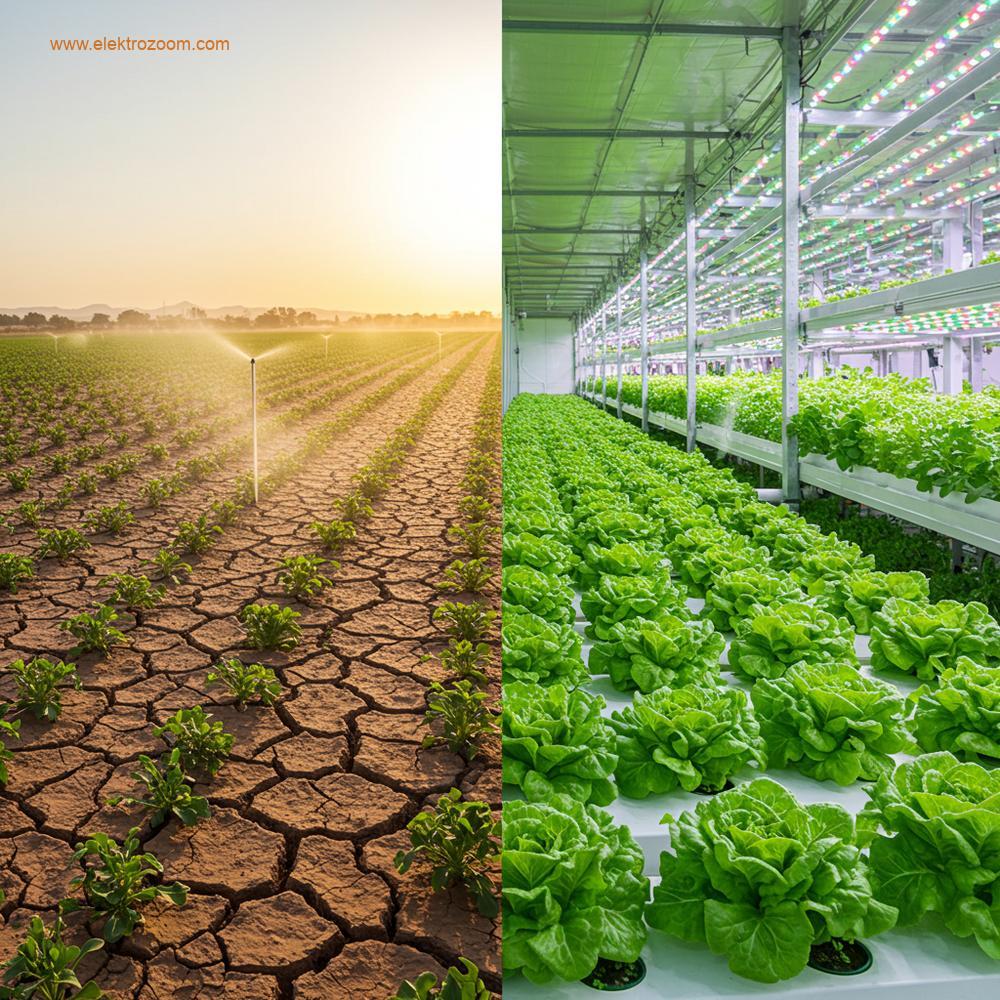 Geleneksel tarım ile topraksız tarımın su kullanımı ve ürün canlılığı açısından karşılaştırıldığı gerçekçi bir bölünmüş görsel.