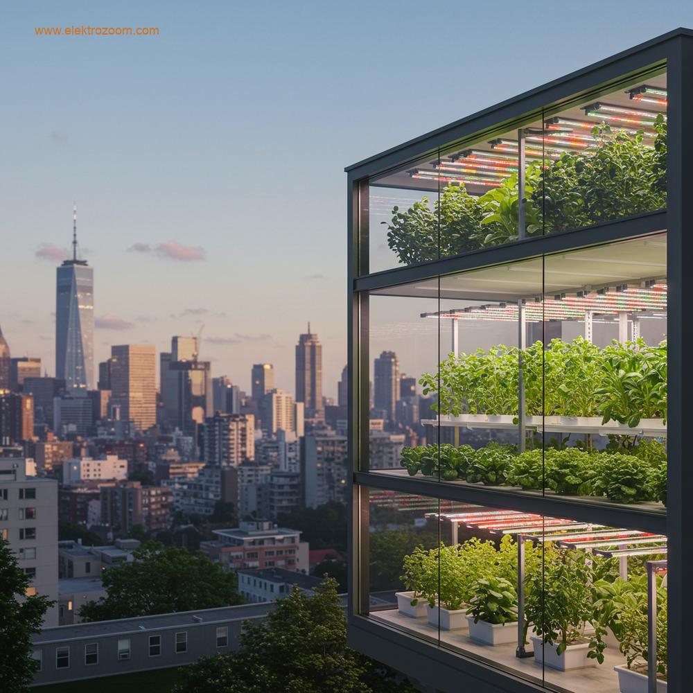 Arka planda hafifçe bulanık bir şehir silüeti görünürken, modern bir şehir ortamına entegre edilmiş bir dikey çiftlik tesisi.