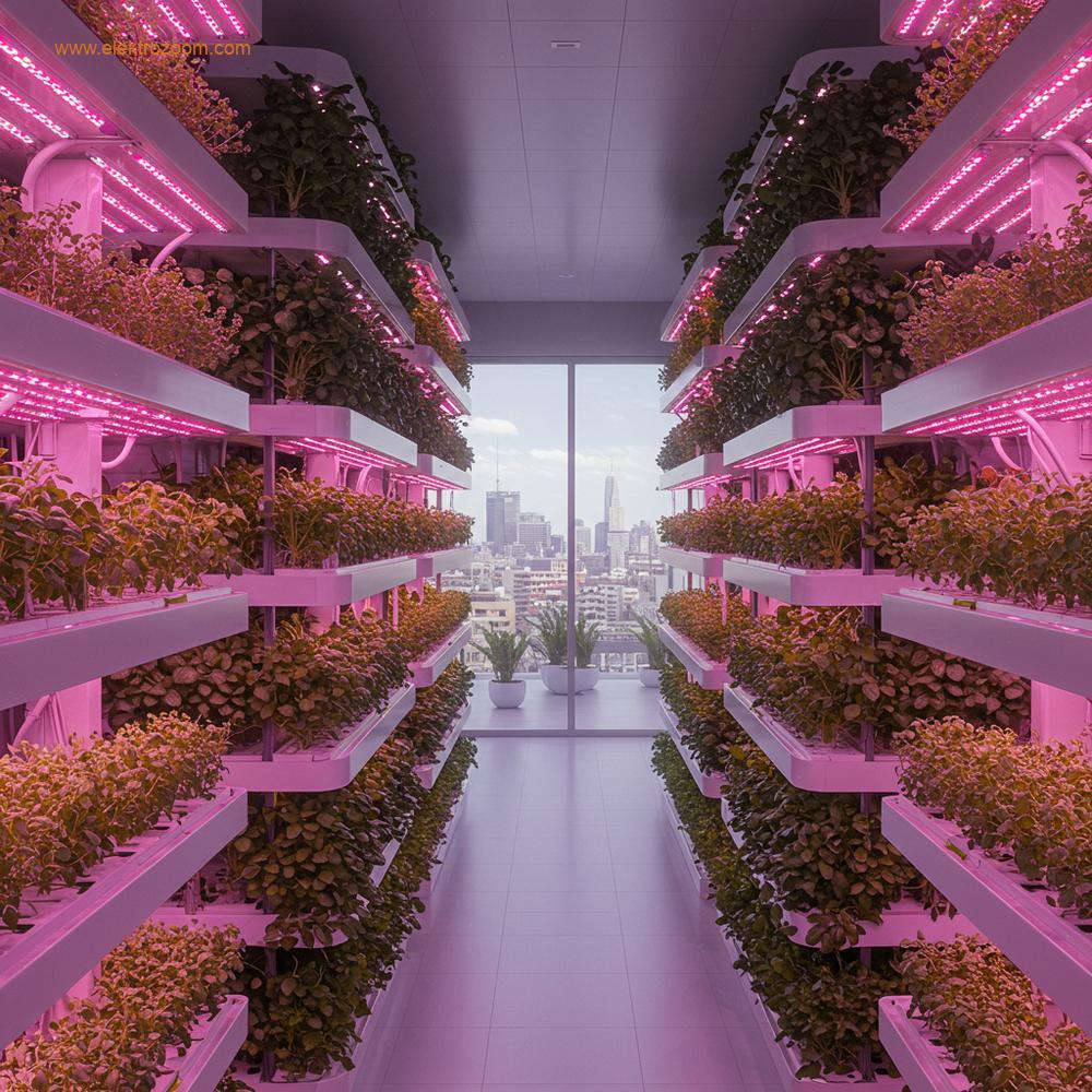 Modern bir kentsel binanın içine entegre edilmiş son teknoloji bir dikey çiftliğin geniş, gerçekçi bir görünümü. LED ışıklar altında üst üste dizilmiş yeşil bitkiler görülüyor.
