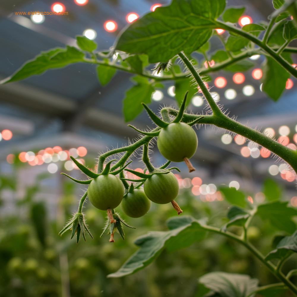 Serada, LED ışıkların üstte hafifçe görüldüğü, meyve aşamasında olan sağlıklı bir domates dalının makro fotoğrafı. Uzatılmış ışık süresinin maksimum verim için optimize edildiği ima ediliyor.