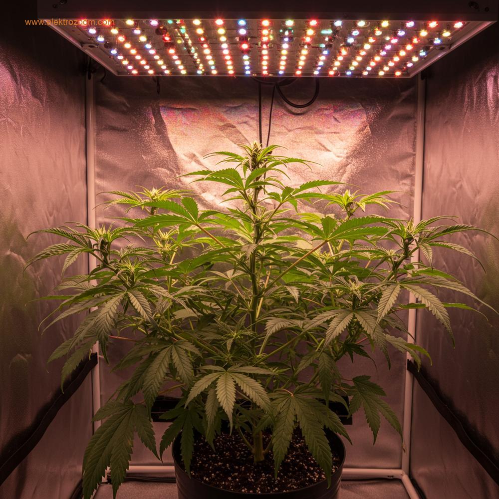 Büyük, sağlıklı yeşil yapraklara sahip olgun bir bitkinin, güçlü bir LED bitki ışığının altında zirve vejetatif büyüme aşamasında olduğu bir sahne. Işık, yoğun yaprak örtüsünü ve bitkinin canlılığını gösteriyor.