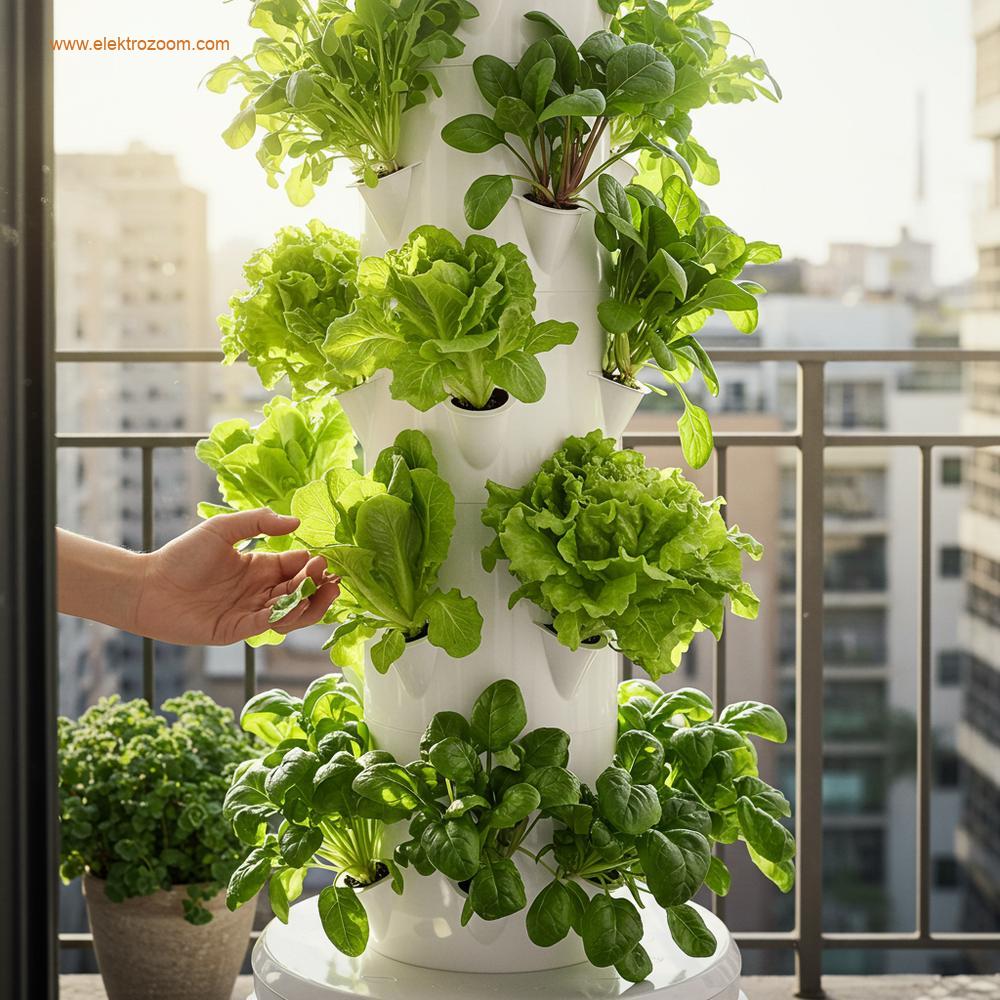 Küçük bir şehir balkonunda, yapraklı yeşillikler yetiştiren yenilikçi bir dikey topraksız tarım kulesi sistemi.