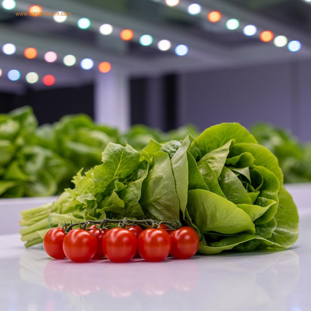 Dikey bir çiftliğin canlı LED ışıklarının bulanık arka planına karşı temiz bir yüzeye yerleştirilmiş, üstün kalitede, çıtır yeşil marul veya olgun kırmızı çeri domateslerden oluşan bir demet.