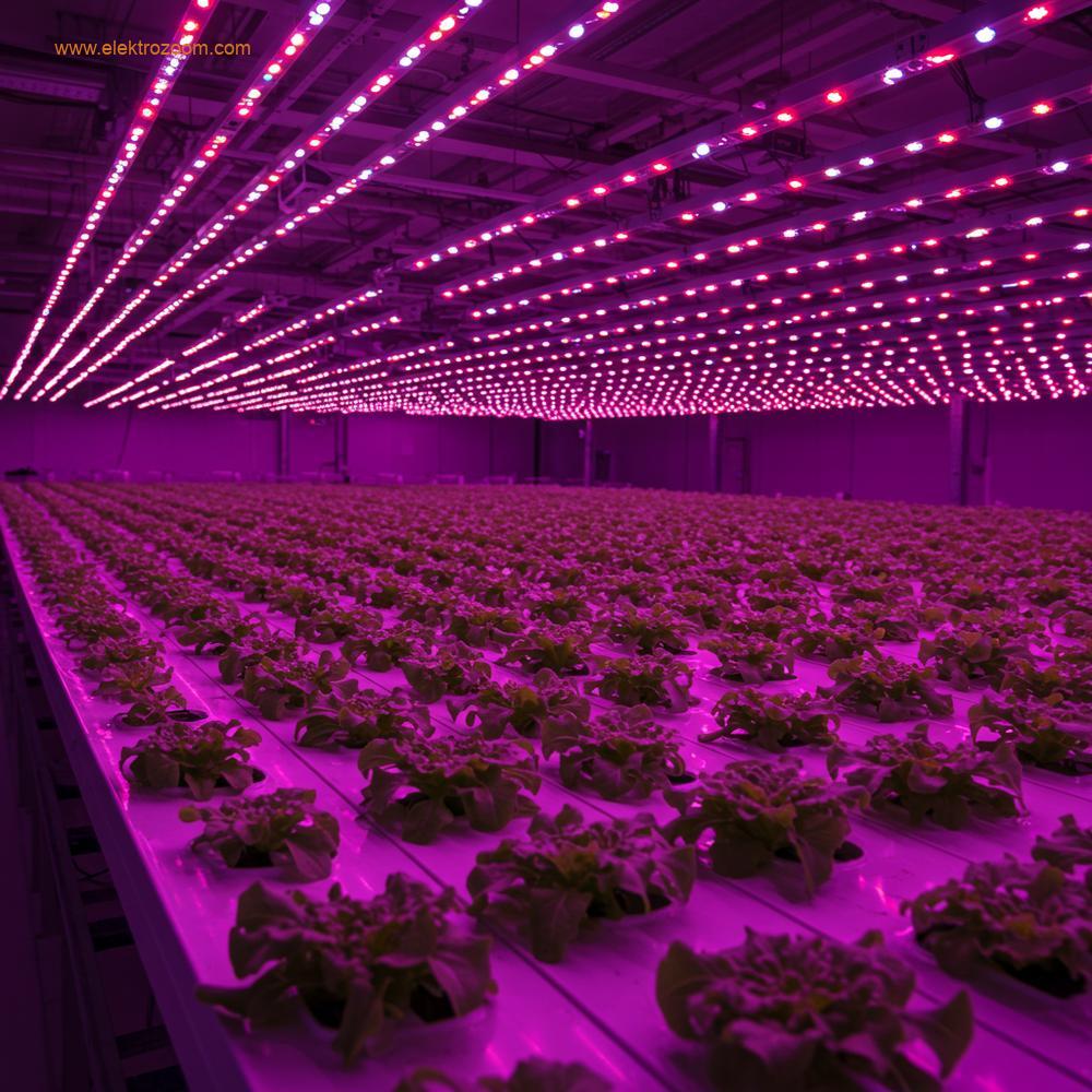 Özel LED paneller altında güçlü mor/pembe ışık (mavi ve kırmızı spektrum karışımı) yayan fütüristik dikey tarım kurulumu.