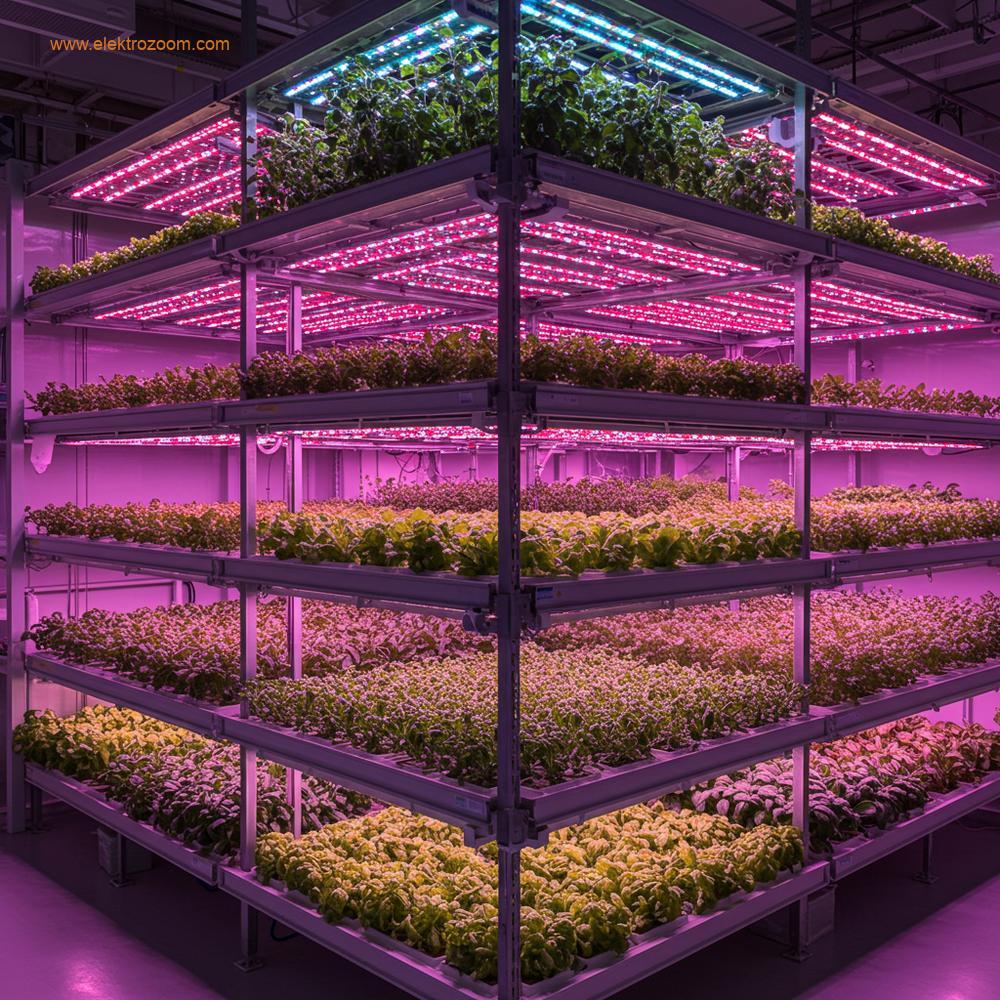 Çok katlı dikey bir iç mekan çiftliği, canlı, sağlıklı yeşil yapraklı sebzelerle dolu ve parlak pembe, mor ve mavi LED yetiştirme ışıklarıyla aydınlatılmış bir manzara.