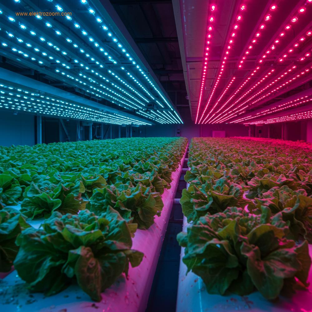 Dikey bir tarım çiftliğinin içinde, yoğun mavi ve parlak pembe/kırmızı ışık yayan özel tasarlanmış LED ışık çubuklarının altında yemyeşil marullar yetiştiriliyor. Işık spektrumunun bitkiler üzerindeki dağılımına odaklanılmıştır.