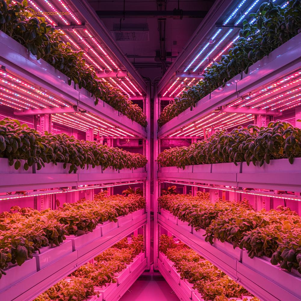 A modern, high-tech indoor vertical farm. Rows of lush, healthy green leafy plants like lettuce, basil, and kale are stacked in multiple tiers. Each tier is illuminated by an array of LED grow lights emitting a mix of red, blue, and white/pinkish light, creating a vibrant and controlled environment. The setting is clean, futuristic, and sterile, emphasizing advanced agricultural technology. No human presence. Realistic, high-resolution photography, sharp focus on the plants and lighting.
