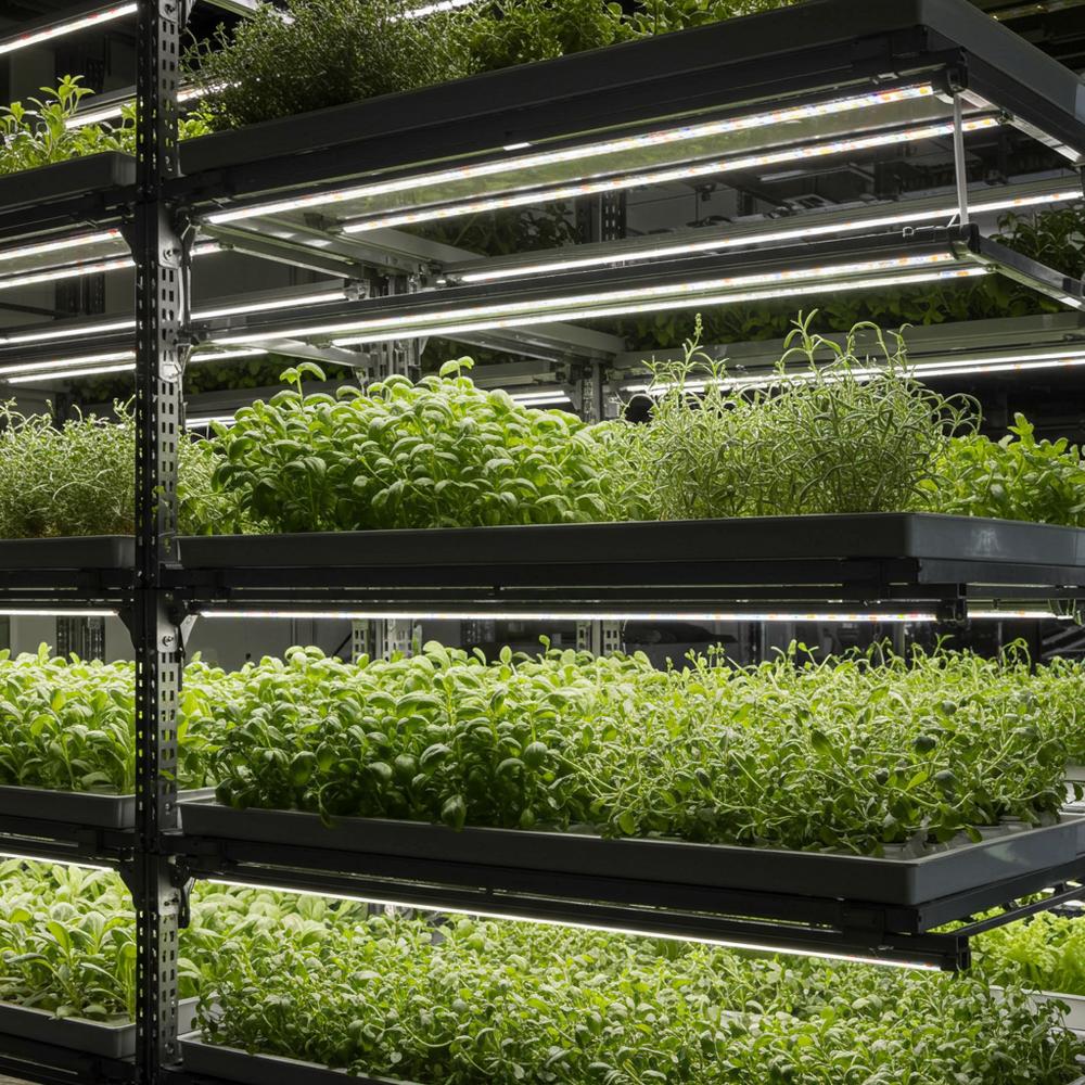 Yer dikey bahçe kurulumunun estetik açıdan hoş bir görünümü, üst üste dizilmiş raflar kullanılarak yapılmış. Her katmanın hemen üzerinde monte edilmiş uzun, ince LED çubuk ışıklar ile çeşitli otlar ve küçük sebzeler aydınlatılıyor.