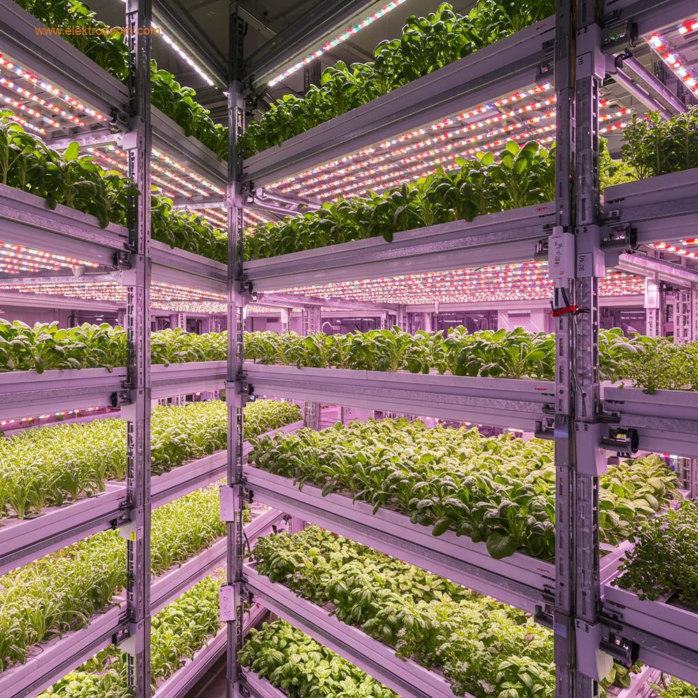 Dikey bir çiftlik kurulumunun iç görünümü; enerji verimli tam spektrum LED ışıkları altında yeşil yapraklı sebzeler yetiştiriliyor.