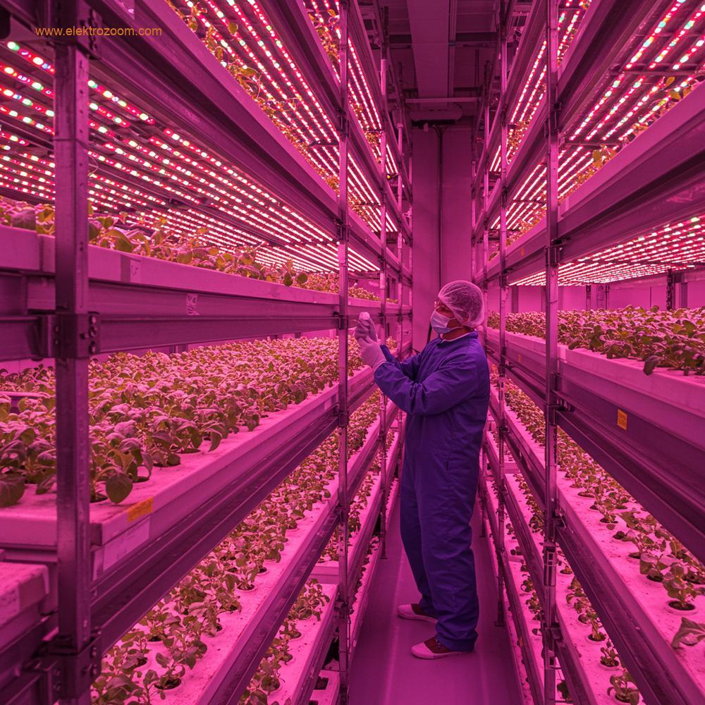 Ticarî bir dikey çiftliğin iç kısmının yan görünümü. Yoğun, optimize edilmiş LED yetiştirme ışıkları altında (pembe/mor tonları görülebilir ancak odak sağlıklı bitkilerde) birden fazla katman bitki büyüme rafı gösteriliyor. Temiz eldiven giymiş bir teknisyen, test için pipet kullanarak ana borudan dolaşan besin çözeltisinden küçük bir örnek dikkatlice alıyor. Hassasiyet ve ölçeğe odaklanılmış. Gerçekçi, endüstriyel ortam.