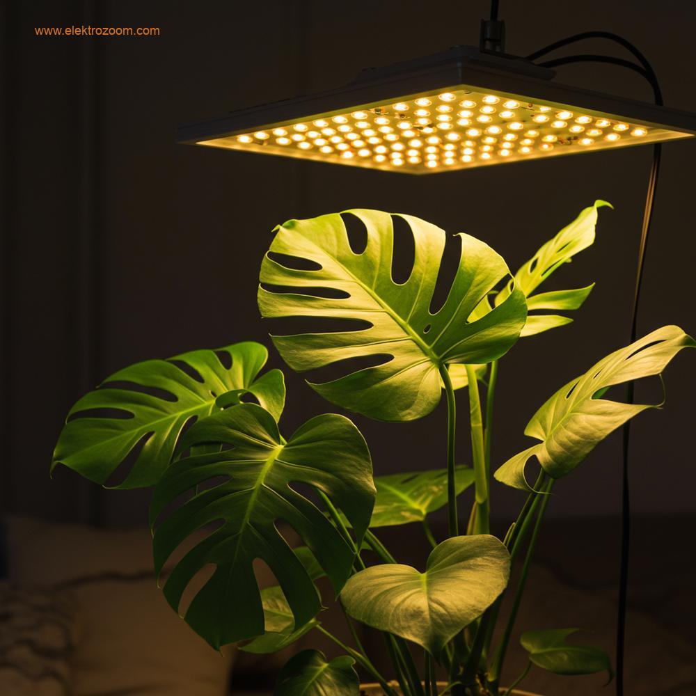 Kapalı alanda, koyu kış gününde doğrudan üstlerine monte edilmiş yumuşak, sıcak tonlu bir LED yetiştirme ışığı paneli altında gelişen Monstera veya Fiddle Leaf Fig gibi canlı yeşil ev bitkilerinin yakın çekim, gerçekçi bir görüntüsü. Sağlıklı yaprak dokusuna ve yaprakları vurgulayan ışığın ince parıltısına odaklanın. Arka plan, rahat bir oturma odası ortamını düşündürmelidir.