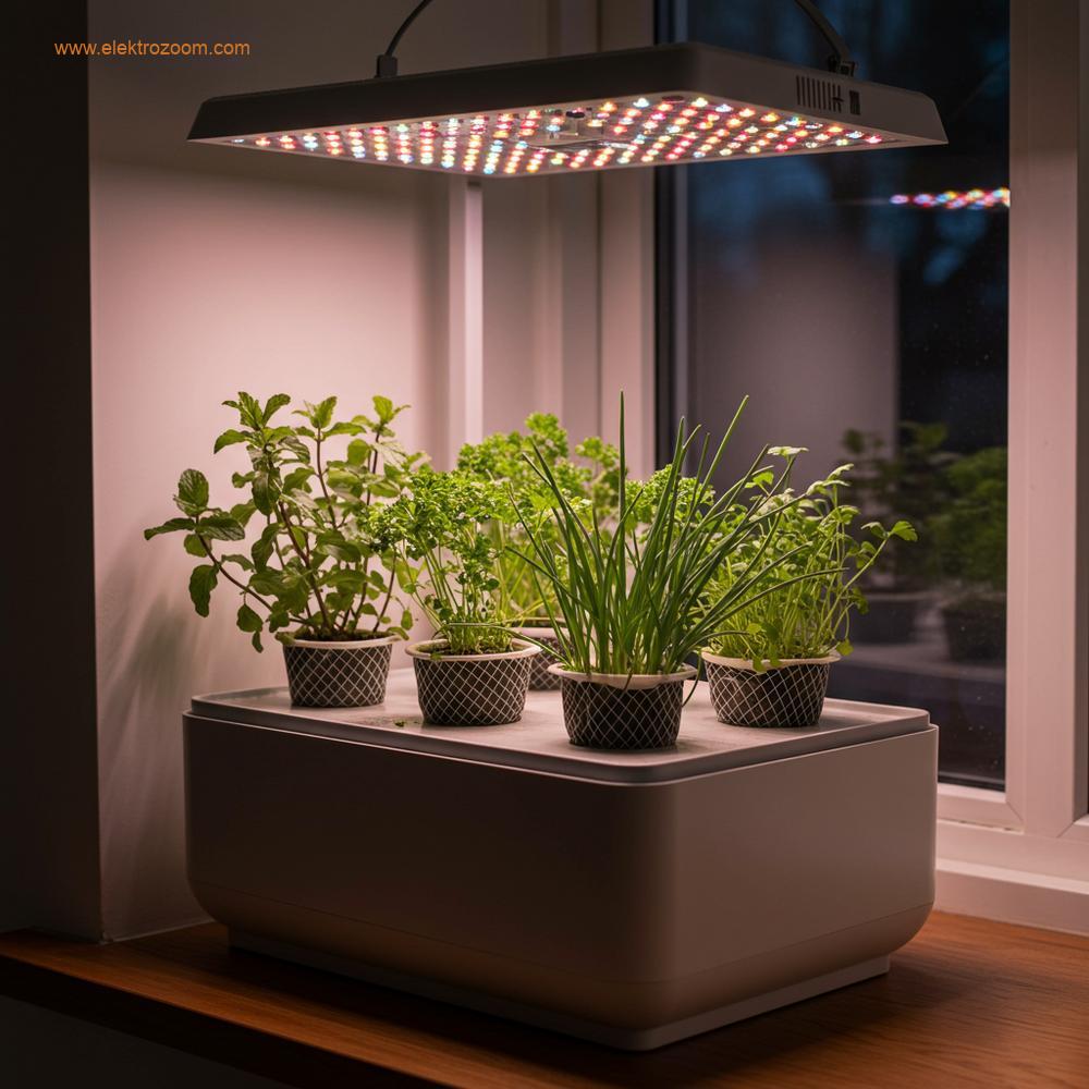 Ahşap pencere kenarında, doğal ışıkla desteklenen LED bitki lambası altında büyüyen nane ve maydanoz gibi otların bulunduğu estetik bir kompakt hidroponik sistem.