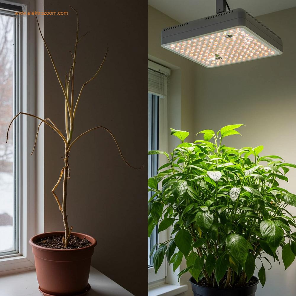 Karşılaştırma çekimi, bölünmüş ekran veya görsel olarak açıkça ayrılmış. Bir tarafta, kış pencere ışığı altında zayıf, uzun ve solgun bir ev bitkisi (etiyole) duruyor. Diğer tarafta, özdeş, sağlıklı, kompakt ve yoğun yeşil bir bitki, üstten bakan özel bir LED yetiştirme ışığı altında gelişiyor. Canlılık farkı açık ve gerçekçi olmalıdır.