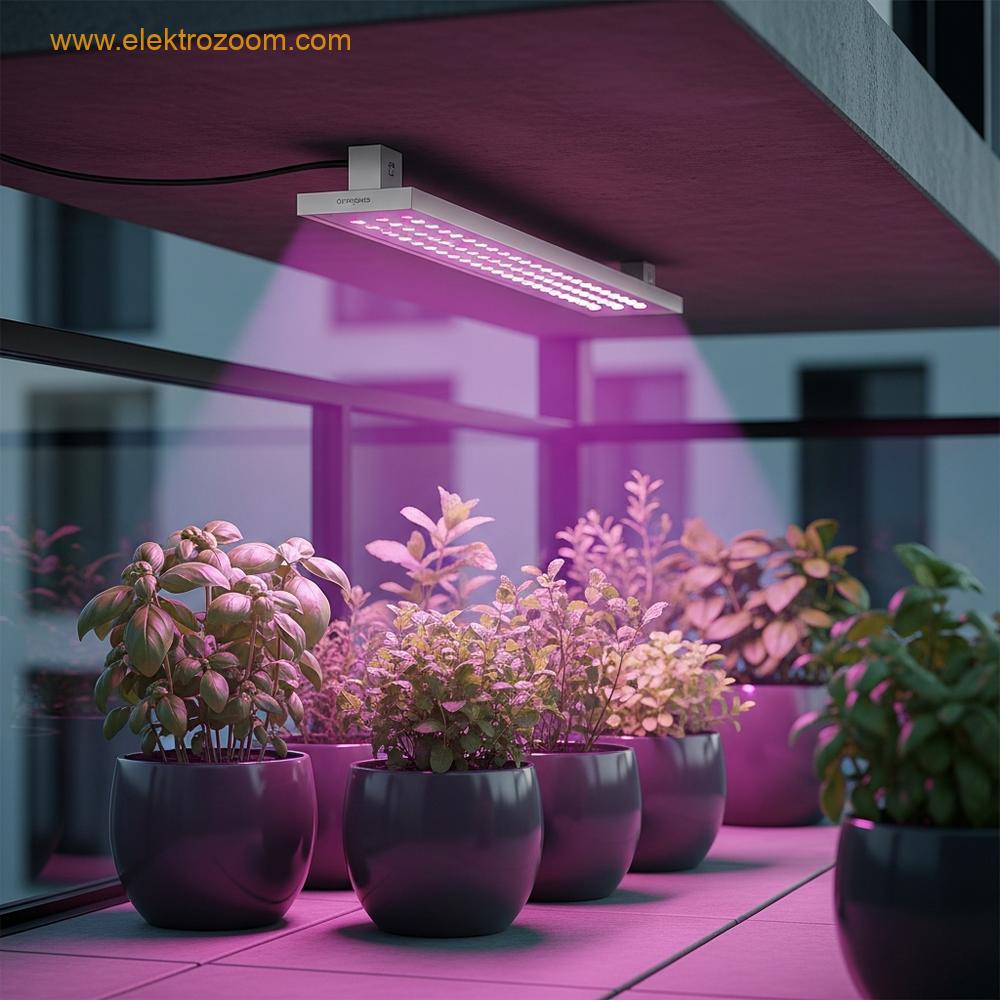 Modern bir LED yetiştirme lambasının yakın çekimi, balkon zemininde düzenli koyulmuş saksılarda fesleğen ve nane gibi yeşil otlar yetiştiriyor. Işık pembe-mor bir spektrum yayıyor.