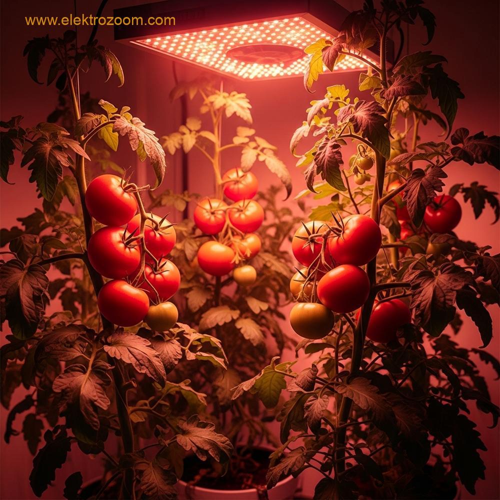 Olgunlaşmış domates bitkilerinin, çiçeklenme ve meyve gelişimi için ideal sıcak ve kırmızımsı bir ışık altında büyüdüğü sahne.