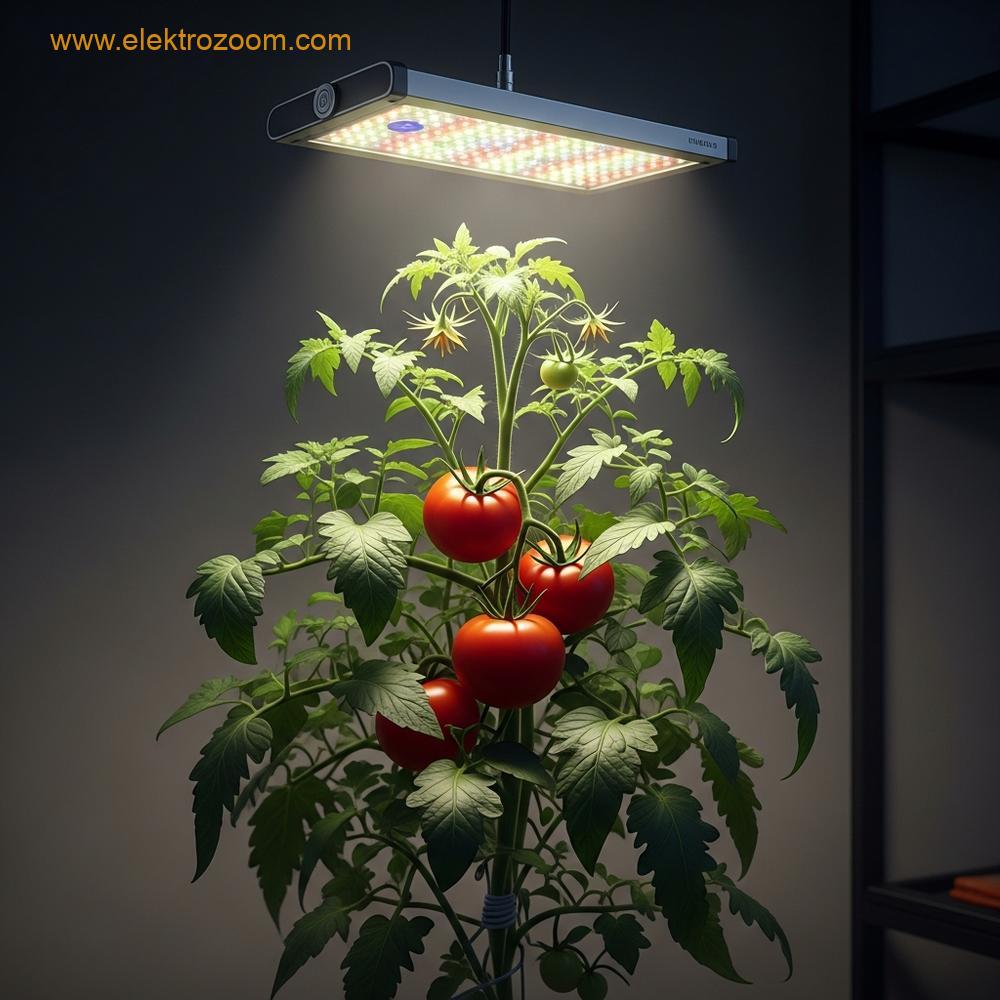 Özel yetiştirme lambası altında büyüyen sağlıklı bir domates bitkisinin yakın çekimi. Bitkinin üstünde yoğun ışık veren şık bir LED barı görülüyor.