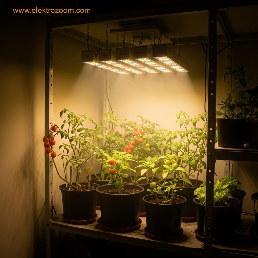 Gece vakti özel yetiştirme lambaları altında büyüyen küçük sebzelerin bulunduğu iç mekan bahçe kurulumu