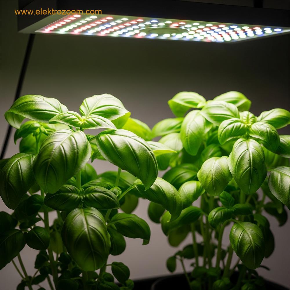 Tam spektrum LED ışık altında sağlıklı büyüyen iç mekan bitkileri.