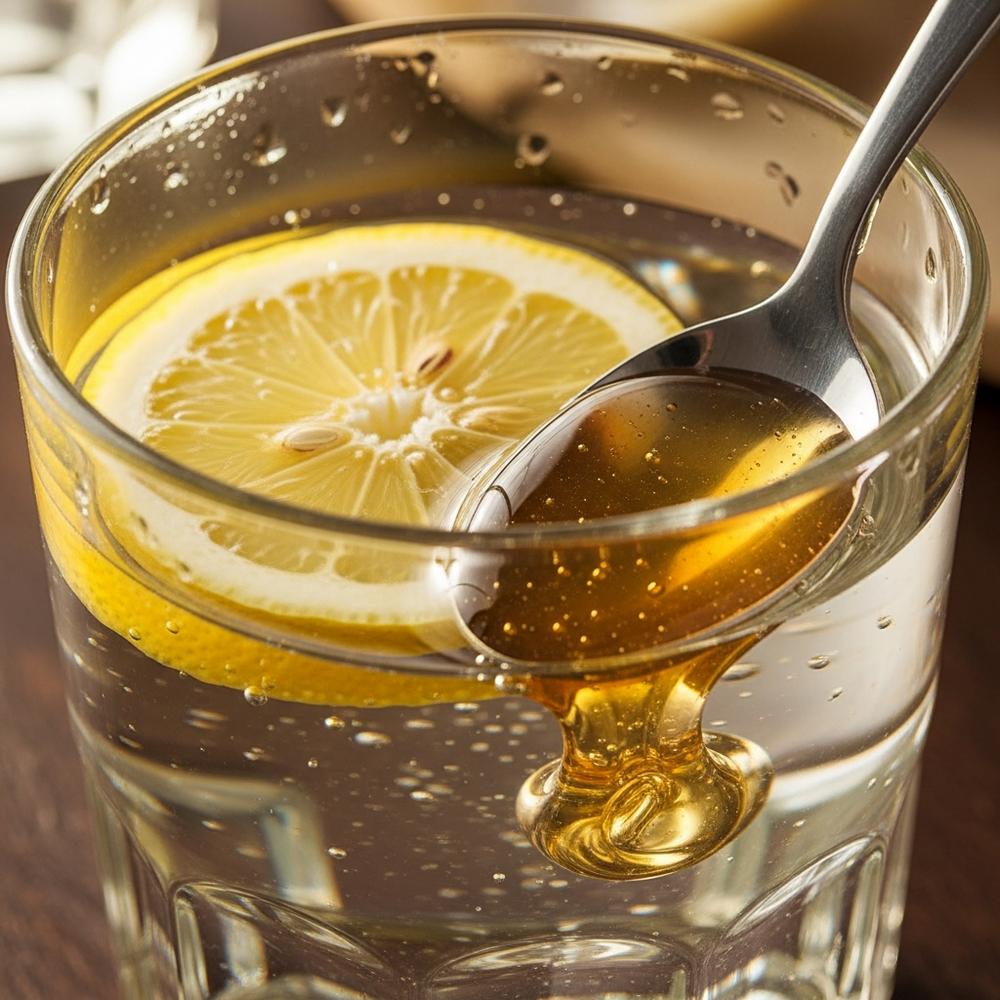 İçinde taze limon dilimi ve bir kaşık altın rengi bal olan ılık su dolu bir bardak gösteren yakın çekim, gerçekçi bir görüntü.