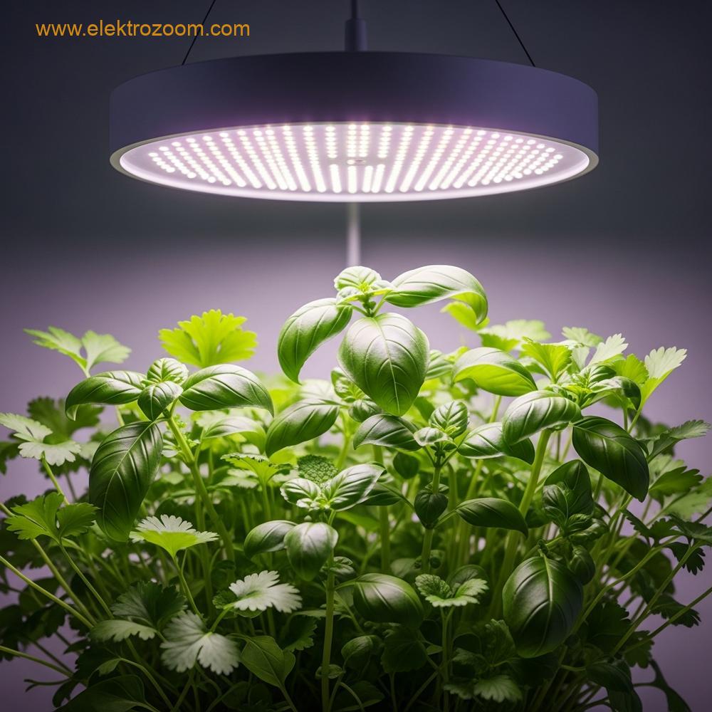 Modern bir iç mekan ortamında, hemen üstten asılı modern, minimalist bir LED yetiştirme ışığı altında gelişen, basil veya nane gibi canlı yeşil yapraklı otların yakın çekim, son derece detaylı, fotogerçekçi görüntüsü. Işığın dokuyu ve yaprakların sağlığını vurgulayan yumuşak, tam spektrumlu beyaz veya hafif morumsu bir ton yayması gereken ışık vurgulanmaktadır. Kontrollü iç mekan tarımının bilimsel yönünü vurgulayın. Görüntüde metin, etiket veya yazı görünmemelidir.