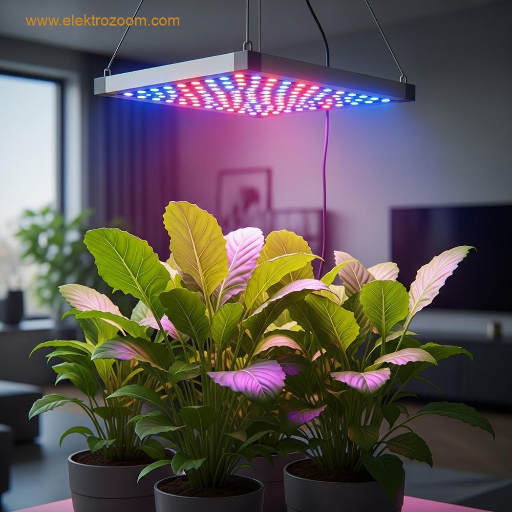 İç mekan bitkilerinin özel bir LED yetiştirme lambası altında sağlıklı bir şekilde büyümesi.