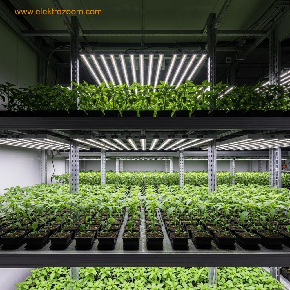 Kontrollü bir iç mekan tarım ortamının, muhtemelen bir araştırma serası veya küçük ölçekli bir kapalı çiftliğin geniş açılı, gerçekçi fotoğrafı. Birkaç sıra düzgün genç bitki, özel LED ışık panelleri altında büyüyor. Işık armatürleri şık ve incedir, doğrudan bitkilerin üzerine yerleştirilmiştir. Çevreleyen ortam temiz ve moderndir, doğa üzerindeki teknolojik kontrolü vurgular. Yoğun, odaklanmış yapay ışık ile yapının çevresindeki gölgeler arasındaki kontrastı öne çıkarın. Görüntüde metin veya yazı yok. Fotogerçekçi, 8K kalite.