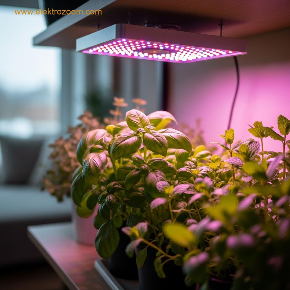 İç mekanda yetiştirilen canlı yeşil yapraklı otlar (fesleğen veya nane gibi) ve üzerlerinde asılı duran tam spektrumlu LED yetiştirme ışığının yakın çekim fotoğrafı.