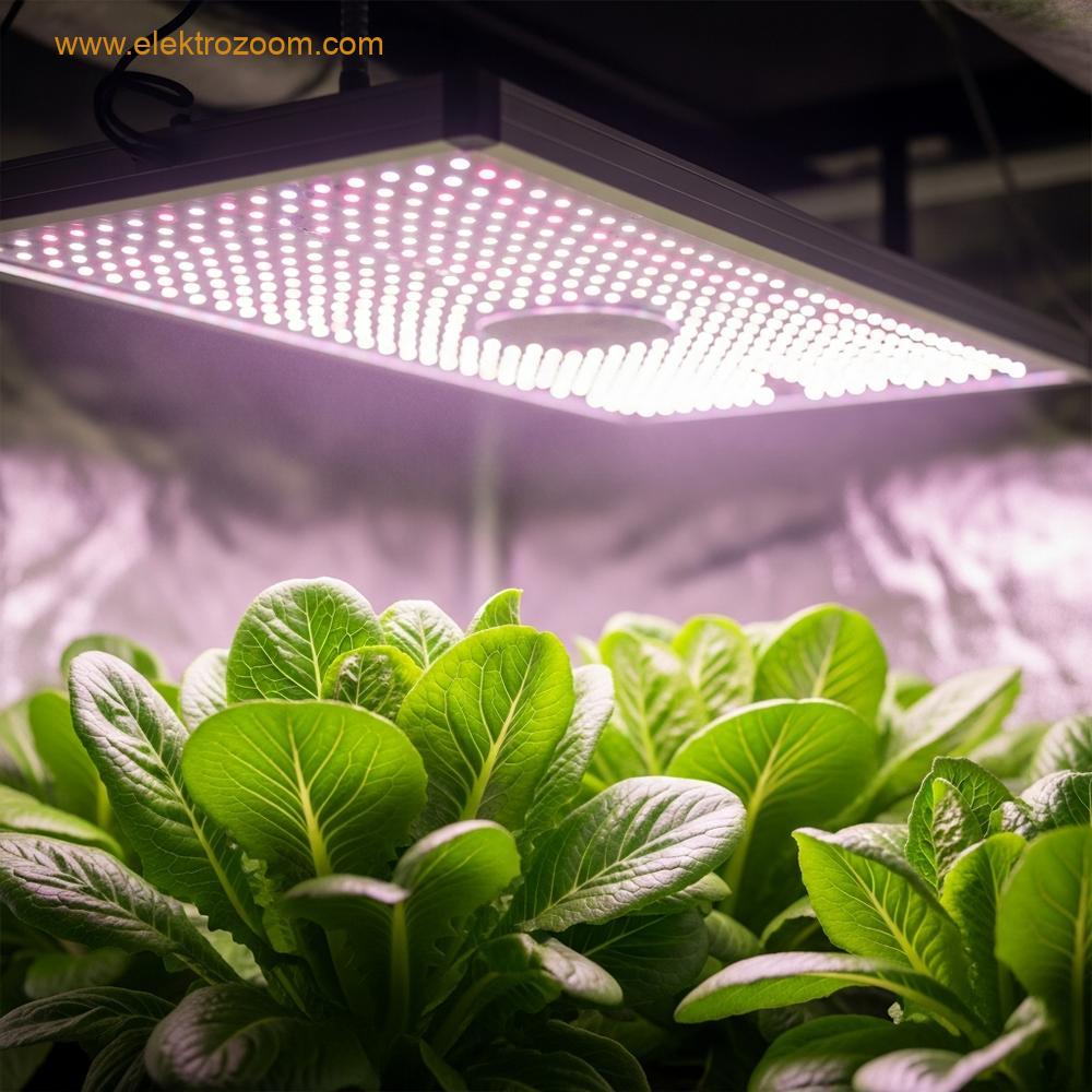 Modern bir iç mekân yetiştirme çadırı kurulumunun yakın çekimi. Üstten aydınlatan büyük, dikdörtgen tam spektrumlu bir LED yetiştirme ışığı altında canlı yeşil marul veya otların kümesi görülmektedir.