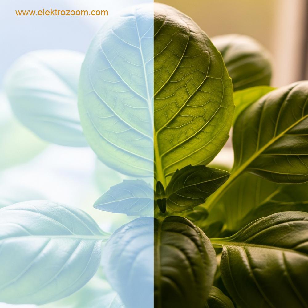 Gelişen bir bitkinin yaprağının yakın çekim fotoğrafı. Yaprağın yarısı beyaz tam spektrum ışıkla, diğer yarısı ise pencereden gelen güneş ışığını taklit eden daha sıcak bir ışıkla aydınlatılmış.