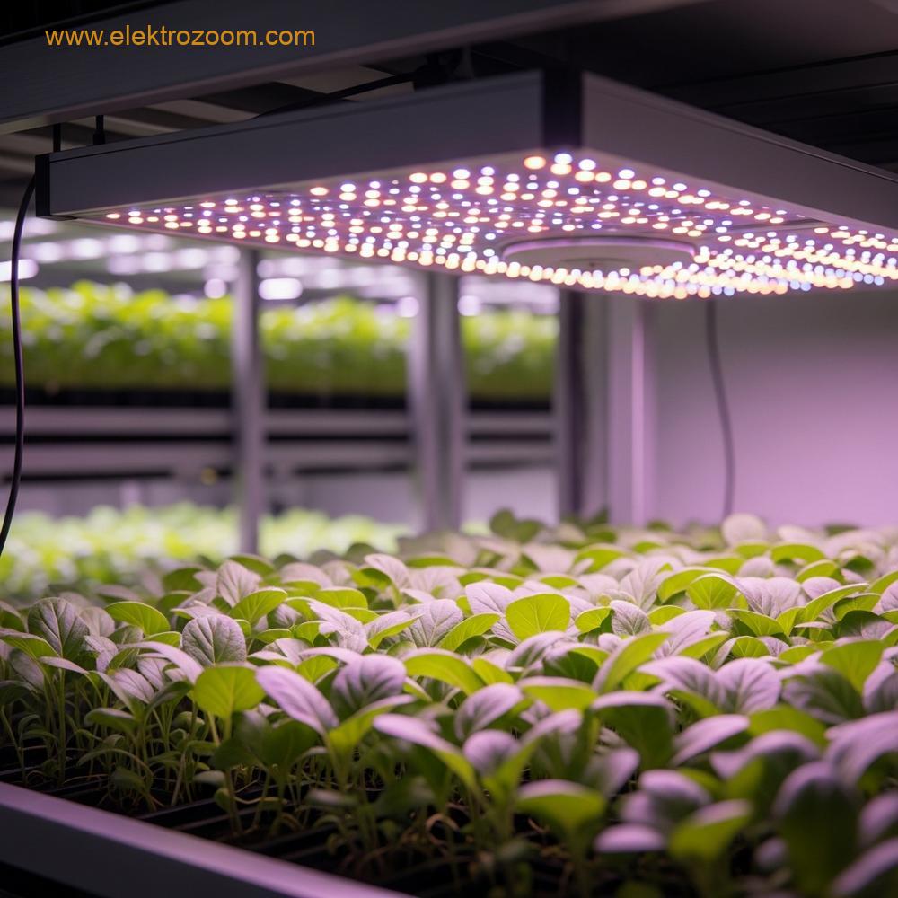 Modern iç mekan çiftliği ortamında sofistike, tam spektrumlu bir LED yetiştirme paneli altında aydınlatılan canlı yeşil fideler.