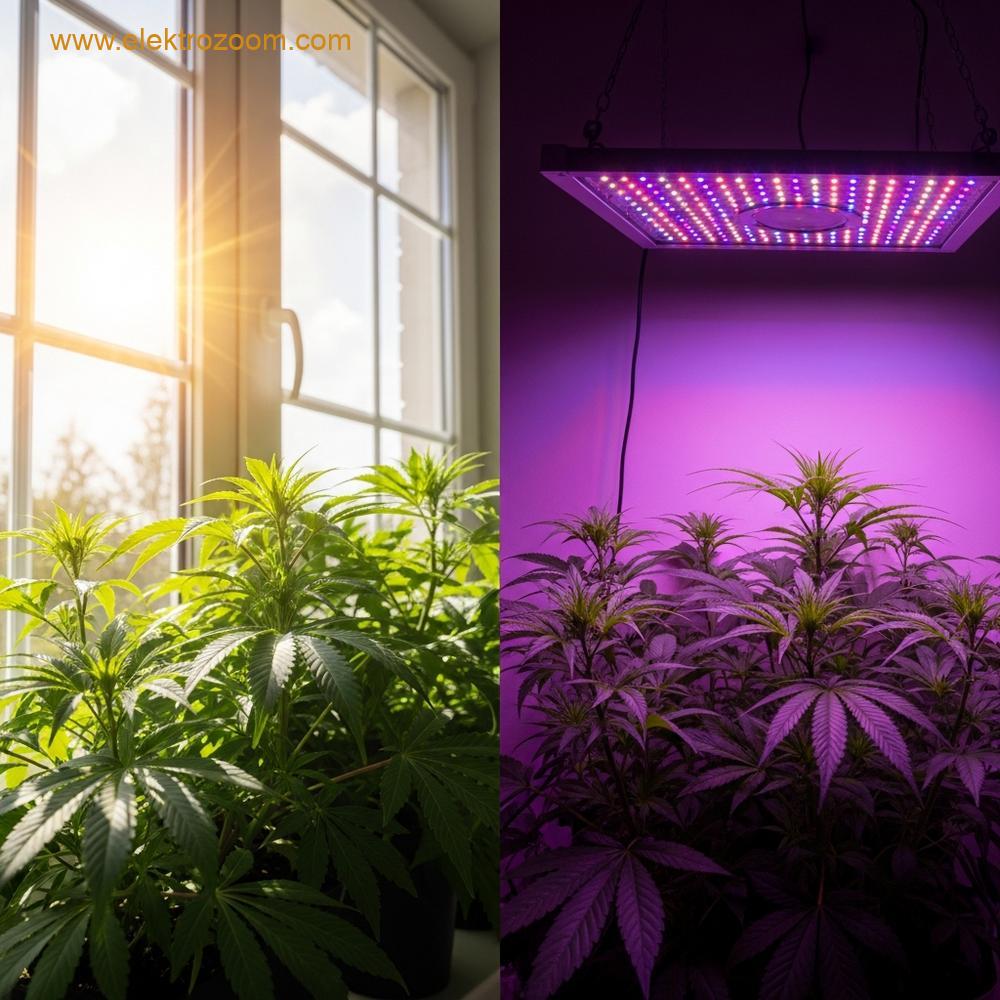 İç mekan bitkilerinin yan yana karşılaştırıldığı bir fotoğraf. Sol tarafta doğal güneş ışığı altında büyüyen bitkiler, sağ tarafta ise mor-pembe LED ışıkları altında aydınlatılan bitkiler gösteriliyor.