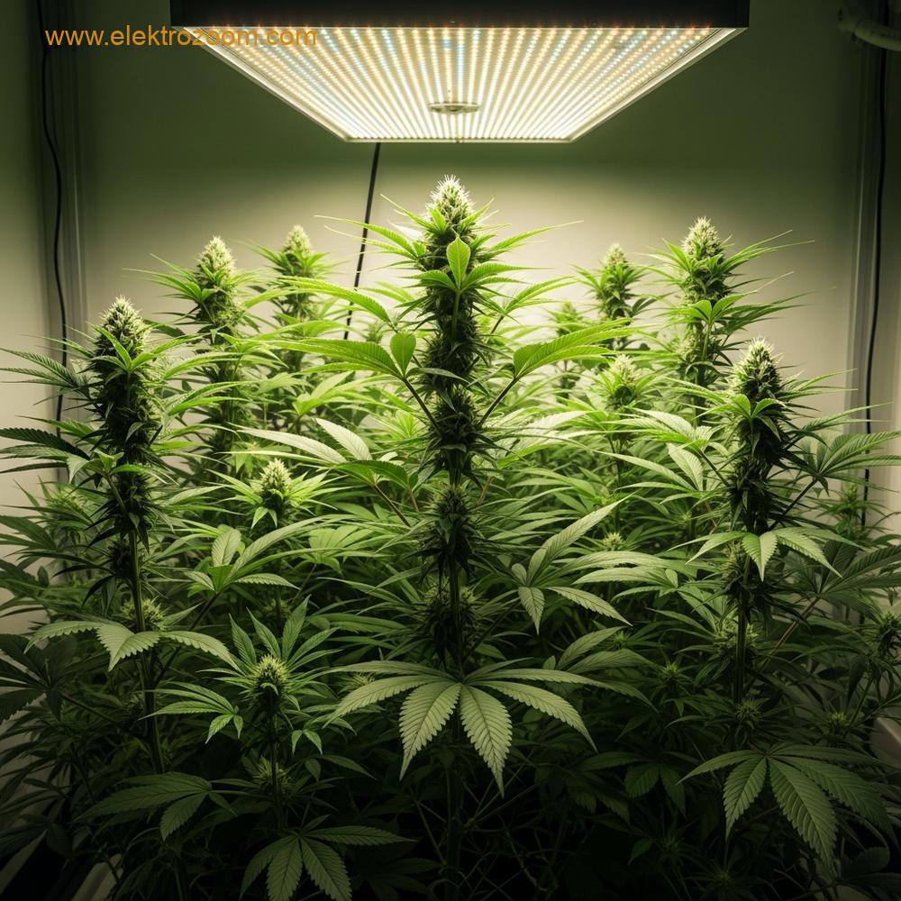 Gelişmiş bir iç mekan yetiştirme ortamında, çiçeklenme evresindeki olgun bitki kanopisi üzerinde yüksek yoğunluklu bir ışık kaynağının optimum dikey aralıkta konumlandırılmasını gösteren temsil.