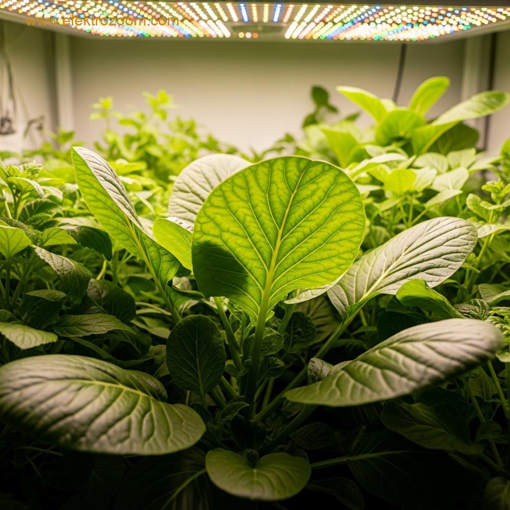 Güçlü bir yetiştirme ışığı altında gelişen yapraklı yeşilliklerin yakından makro fotoğrafı, yoğun ışığın yaprak dokusunu vurguluyor.