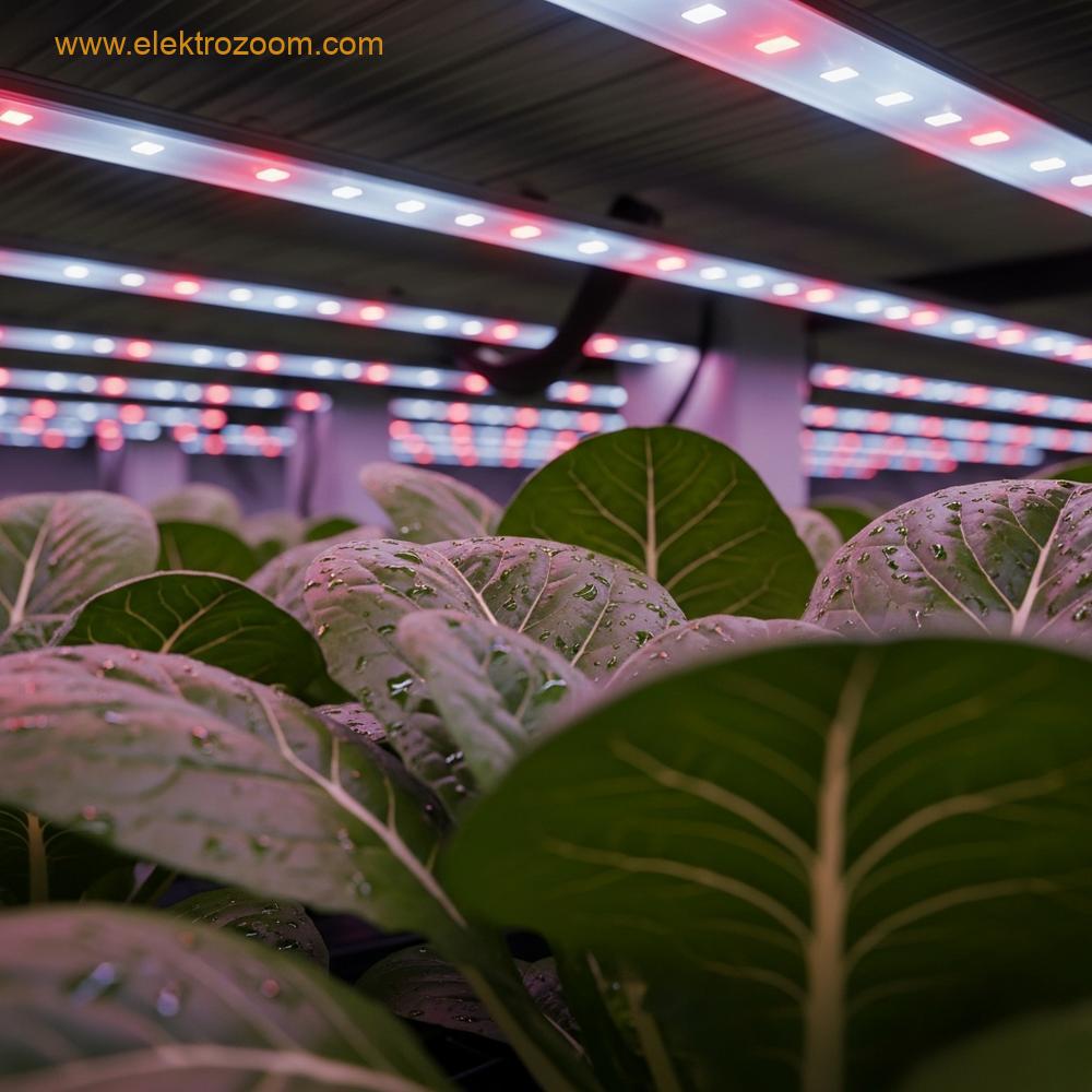 Modern bir serada hassas LED aydınlatma armatürünün yapraklı yeşil sebzelerin üst yapraklarına odaklanan yakın çekimi. Işık, bitkilerin sağlıklı büyümesini destekleyen derin kırmızı ve mavi spektrumda parlıyor.