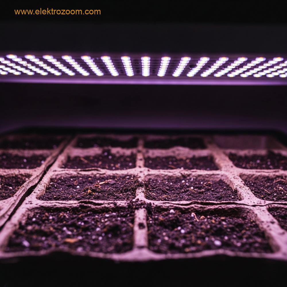 Birkaç küçük saksının üzerinde tam spektrumlu bir LED yetiştirme lambasının loş ve hafif morumsu beyaz bir ışıkla aydınlattığı yakın çekim fotoğraf.