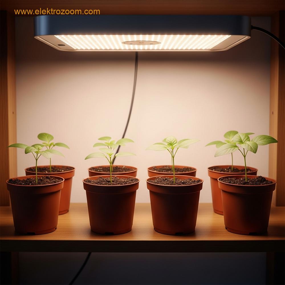 Ahşap bir rafta sıralanmış küçük fidelerin, tam spektrum bir LED lamba altında parlak, sıcak beyaz ışık altında aydınlatılması.