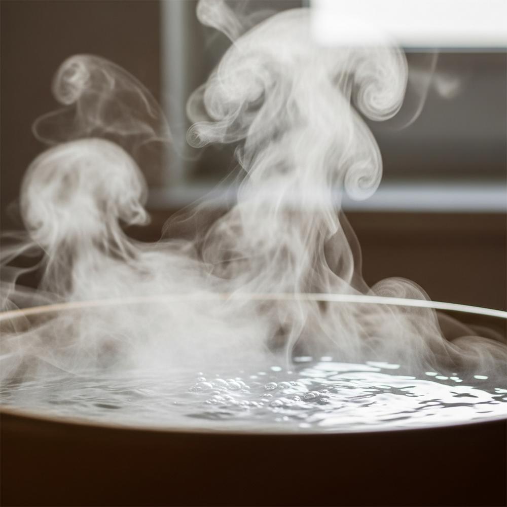 Sıcak sudan yükselen buharı gösteren yakın çekim fotoğraf, evde buhar inhalasyon tedavisini simgeliyor.