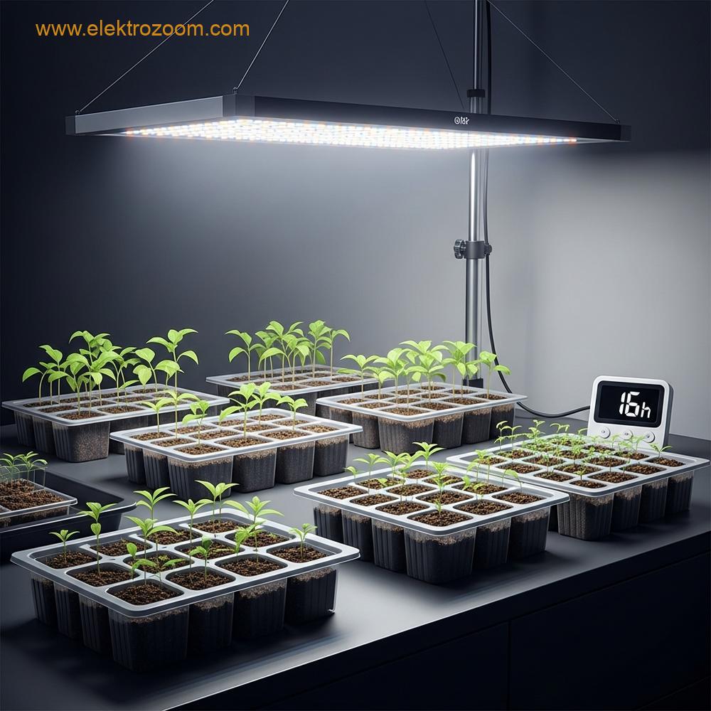 Plastik tohum hücrelerinin üzerinde ayarlanabilir bir LED yetiştirme lambasının bulunduğu, yanında dijital bir zamanlayıcının kurulu olduğu iç mekan kurulumu.
