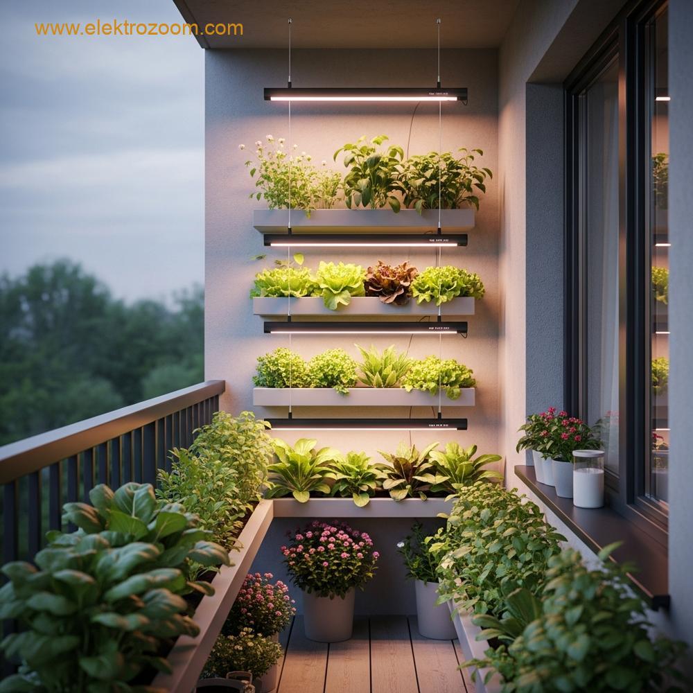 Küçük, modern bir şehir balkonunun geniş açılı, gerçekçi fotoğrafı. Raflarda yapraklı yeşil sebzeler ve küçük çiçekli bitkiler bulunuyor. Tüp şeklindeki siyah LED yetiştirme lambaları, sıcak beyazdan pembeye çalan bir ışık yayıyor.