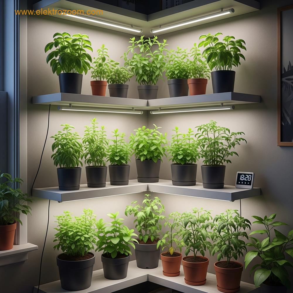 Küçük, kentsel bir dairenin iç mekânı, iç mekân bahçeciliğine ayrılmış birkaç rafı gösteriyor. Rafların altında ince şerit LED yetiştirme ışıkları bitkileri yumuşak, hafif sıcak beyaz bir ışıkla aydınlatıyor.